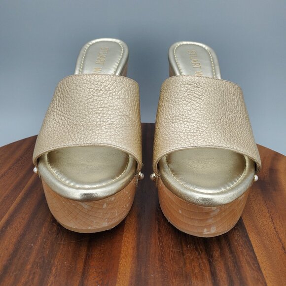 Stuart Weitzman Clog Sandals Women's 7.5 B Metallic Leather Faux Pearl Stud Heel - Picture 2 of 11